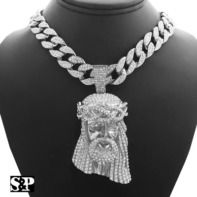MaxBling81 Hip Hop Jesus Head Charm Cuban Chain Necklace - Iced Out CZ White Gold Plated