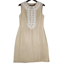Tory Burch Linen/Silk Mini Dress Size 10 Beige Lace Detail Back Hidden Zipper