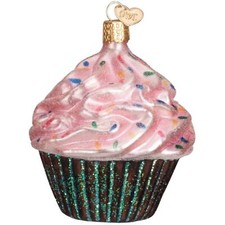 Old World Christmas Glass Ornament, Pink Chocolate Cupcake With OWC Gift Box 