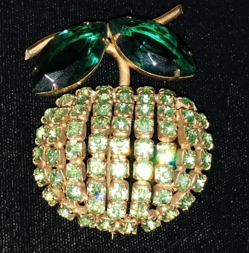 Vintage Uranium Glass Green Rhinestone Apple Brooch