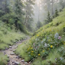 ACEO Art Card Foggy Forest in the Spring with Abundant Wildflowers Blooming