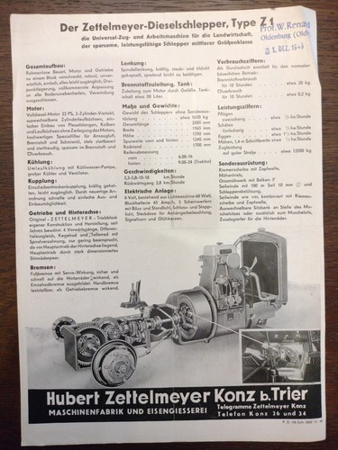 Original Zettelmeyer Z1 Schlepper Prospekt - Traktor Verkaufsprospekt von 1949 - Picture 2 of 2