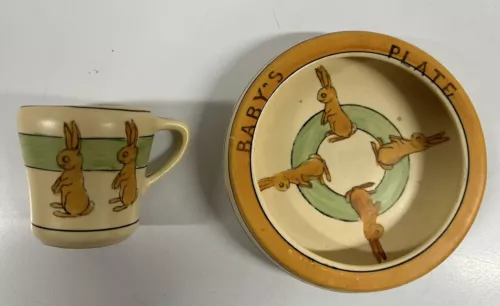 Roseville Pottery Creamware Juvenile Sitting Rabbit Rolled Edge Plate & Cup