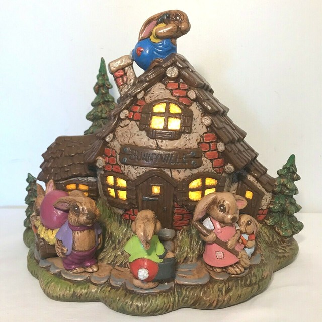 Vintage Handpainted Lighted Ceramic Easter House Bunny Rabbits Egg