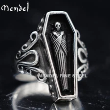 MENDEL Gothic Mens Stainless Steel Coffin Shaped Punk Biker Skull Ring Size 7-15