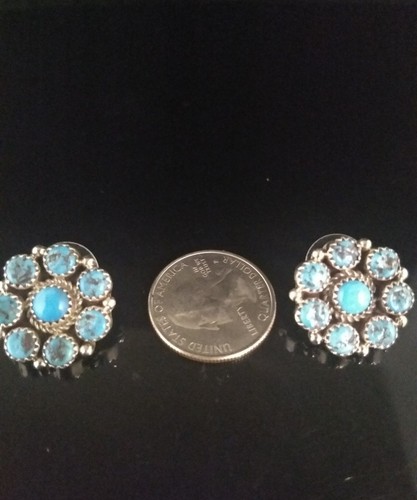 Navajo Signed Turquoise Sterling Cluster Post Earrings By Sally Yazzie - Picture 4 of 12