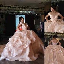 Pink Organza Shiny Quinceanera Dresses Ball Gown Ruffles Beaded Sweet 16 Dress