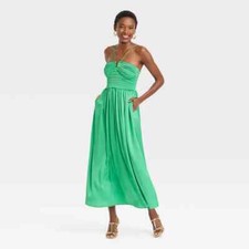 Women's Smocked Maxi Sundress w/Pockets - A New Day Green Size Large