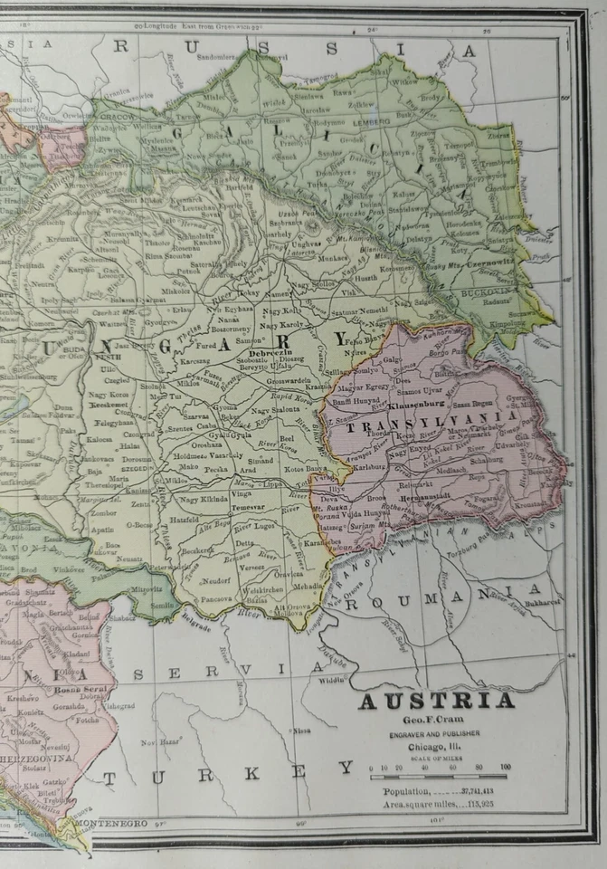 Винтажная карта Австрии 1886 г. 13 x 11 дюймов ~ старая антикварная оригинальная ГРАЦ ИНСБРУК ВЕНА - Изображение 4 из 4