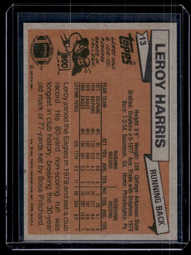 1981 Topps Leroy Harris #13 Philadelphia Eagles - Picture 3 of 4