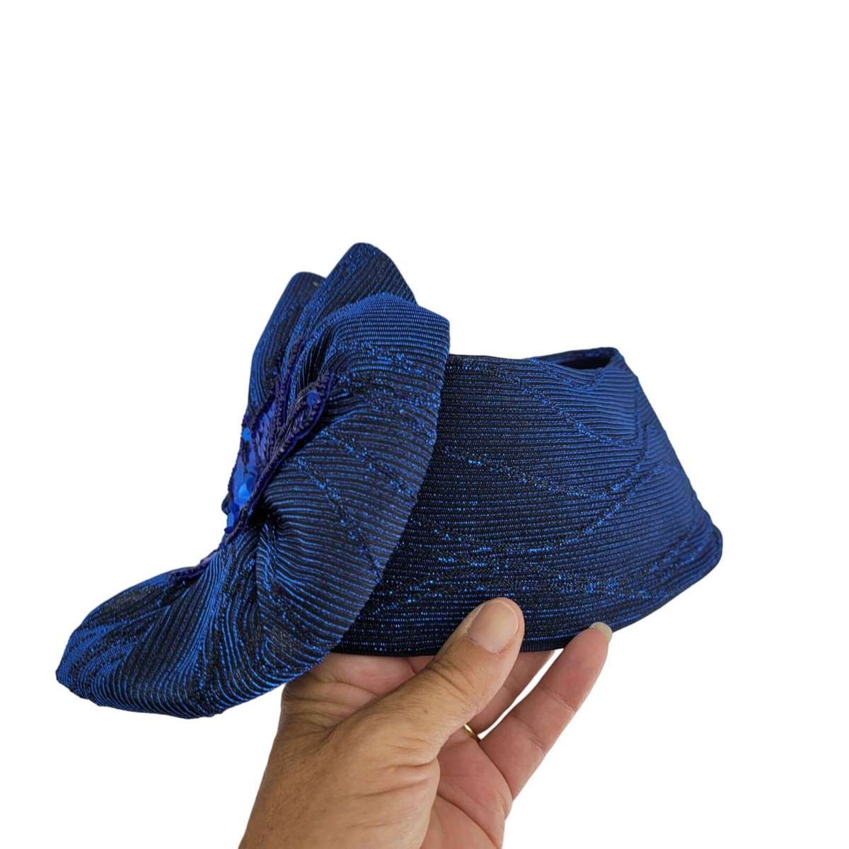 Vintage 80s Flapper Hat Blue‎ Sparke Metallic Sequin 3D Flower Great Gatsby Glam Vintage 80s‎ Flapper Hat Blue Sparke Metallic Sequin 3D  main image 2