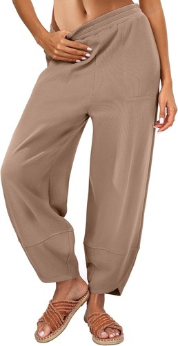 Caracilia Women Wide Leg Baggy Sweatpants Elastic Waist Casual X-Large, Khaki