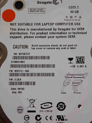 80GB Seagate ST980210AS / 9CV112-566 / 3.CXA / WU / 100428132 REV B - Hard Disk