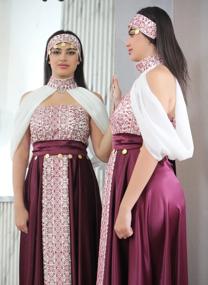 Women Palestinian Embroidered Thobe Dress Off Shoulder Satin Details & Headband - Image 2 of 4