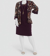 R M Richards Women's Purple Floral Jacket  Necklace Dress Set Plus Size 16W