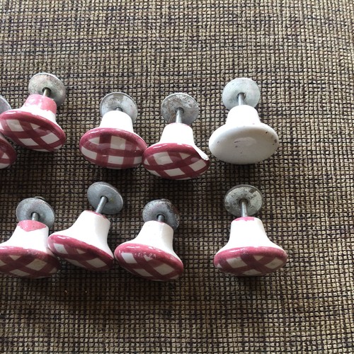 Vintage Porcelain Drawer Pulls White/Pink Square Designs,Cabinet Knobs set of 14 - Picture 6 of 8