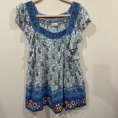 Doe and Rae Blue Paisley Floral Smocked Square Neck Flutter Sleeve Top 1XL