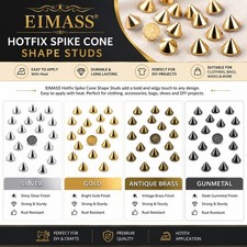 100 x EIMASS&reg; Premium Spike Cone Hot Fix Iron on Studs, Metal Craft Studs
