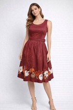 ModCloth Burgundy Pumpkin Print Fit Flare Belted Midi Dress Womans size SMALL
