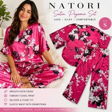 Natori Satin Floral Pajama Set Pink Blossom Luxe Lounge Sleepwear S Resort Luxe