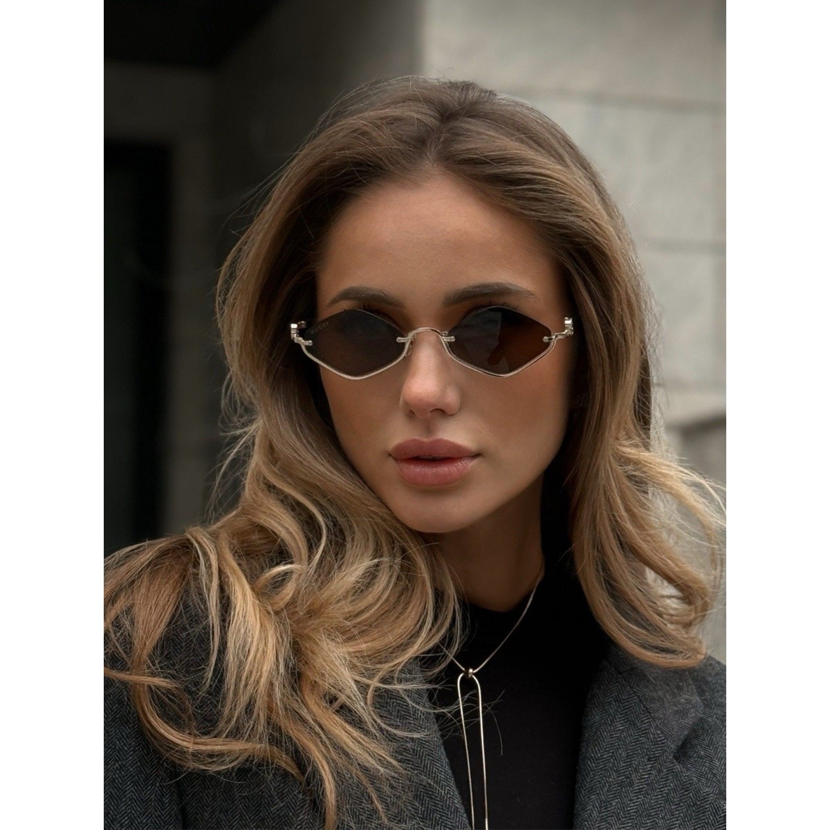 GUCCI / サングラス/--/メタル/GLD/GRY/レディース/GG1604S GUCCI GG1604S 002 Gold Brown Lens Rimless Women Sunglasses