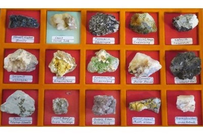 Collection of 60 various minerals including tourmaline, azurite, galena, zinober, qu