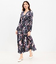 Ann Taylor Loft Dark Blue Flounced MIDI Floral Print Dress Long Sleeves EUC Sz L