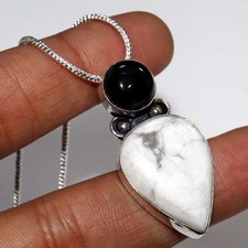 Decent Howlite Black Onyx 925 Silver Plated Necklace 17" Gemstone Jewelry AU Z24