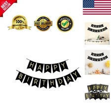 Elegant Black Happy Birthday Bunting Banner with Gold Letters - Party Supplies