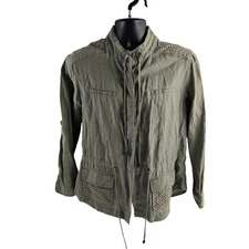 Saint Tropez West Linen Utility Jacket Crochet Olive Green Boho Festival