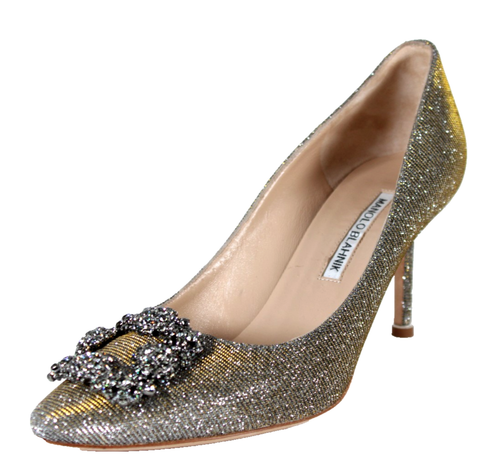 MANOLO BLAHNIK decolte tacco HANGISI argento-oro tessuto zoppo cristallo 39 NUOVE