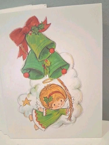 14 Vtg. Christmas cards & Envelopes angel girl ringing bells Happy Holies 6"