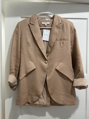 Karina Grimaldi Joan Jacket Beige Blazer Button Collared Lined Mid-Length S