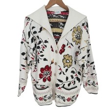 Floral Knit Cardigan Ivory Shawl Collar Oversized Cottagecore Boho grandmacore