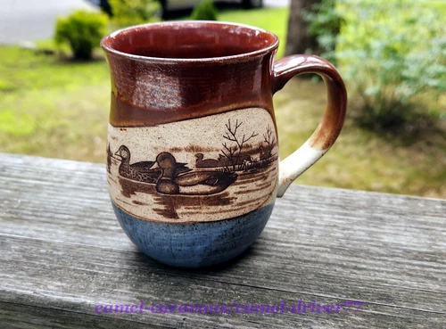Vtg Hand Crafted OTAGIRI POTTERY Japan COFFEE Tea MUG Brown Blue MALLARD DUCKS
