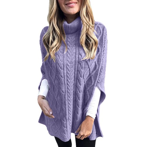 Damen Herbst Winter Rollkragen Poncho Pullover Grobstrick Cape Wickelpullover Oberteil - Bild 62 von 72
