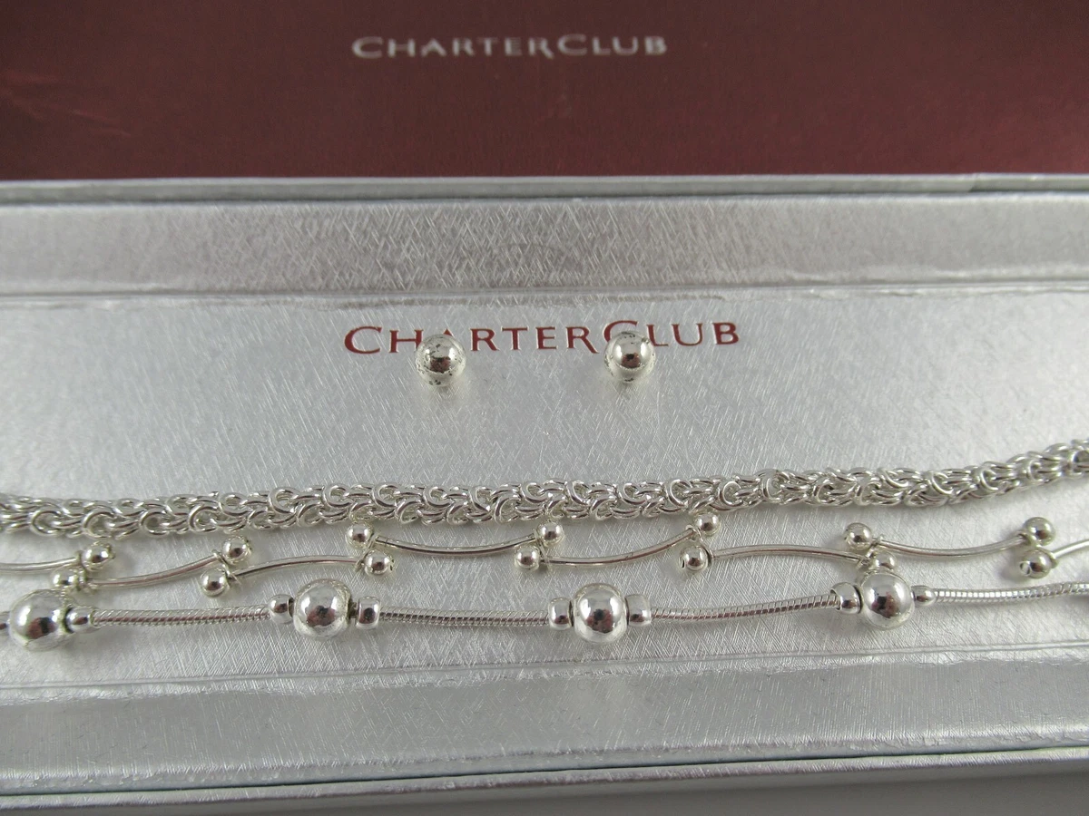 Charter Club 4 Piece Silver Tone Jewelry Set 3 Bracelets 1 Pair Earrings