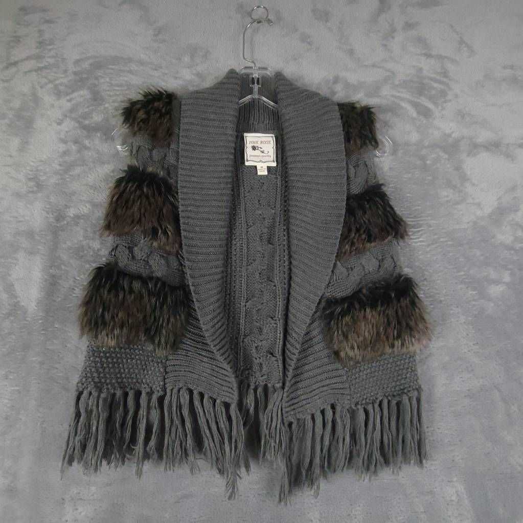 Pink Rose Womens Sweater Vest Gray Sleeveless Shawl Collar Cable