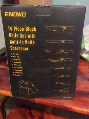 Enowo 14 Piece Stainless Steel Knife Set-W/ Built-in Sharpener And Wooden Block 