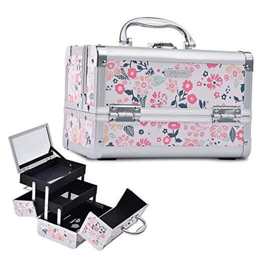 Makeup Box Cosmetic Train Case Jewelry Organizer Lockable with White Floral