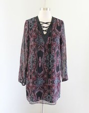NWT $88 BCBGeneration Paisley Printed Lace Up Tunic Dress Size XS Black Burgundy