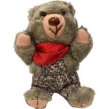 Vintage Dan Brechner 9" Gray Bear Plush Overalls Stuffed Animal Red Scarf