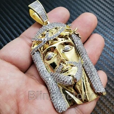 HIP HOP ICED GOLD PT BRASS MICRO PAVE BLING JESUS HEAD BUST DOWN PENDANT 
