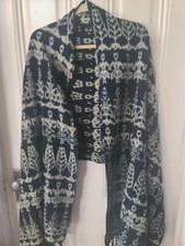 Large Shawl Wrap Scarf Hand Loom Woven Fringe Indigo Gray 28"x83" Excellent!