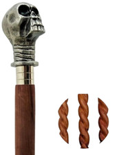 Nautical antique Finish skull Head Handle Brown wood spiral curved Walking Stick