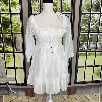 Indikah White Flirty Ruffle Puff Sleeve DRESS US Size Small | eBay