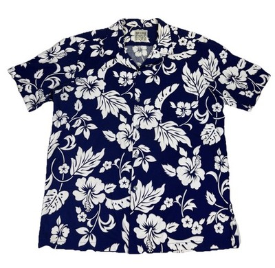 Hawaiian Shirt Mens XL Aloha Floral Hibiscus Blue White Vintage Button Up