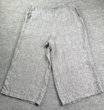 Match Point Pants Women's Large Gray Cropped Linen Wide Leg Elastic Waist USA