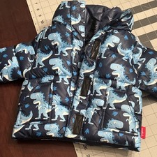 One Kid Dinosaur Print Puffer Jacket 12M Hooded Lined Navy Blue