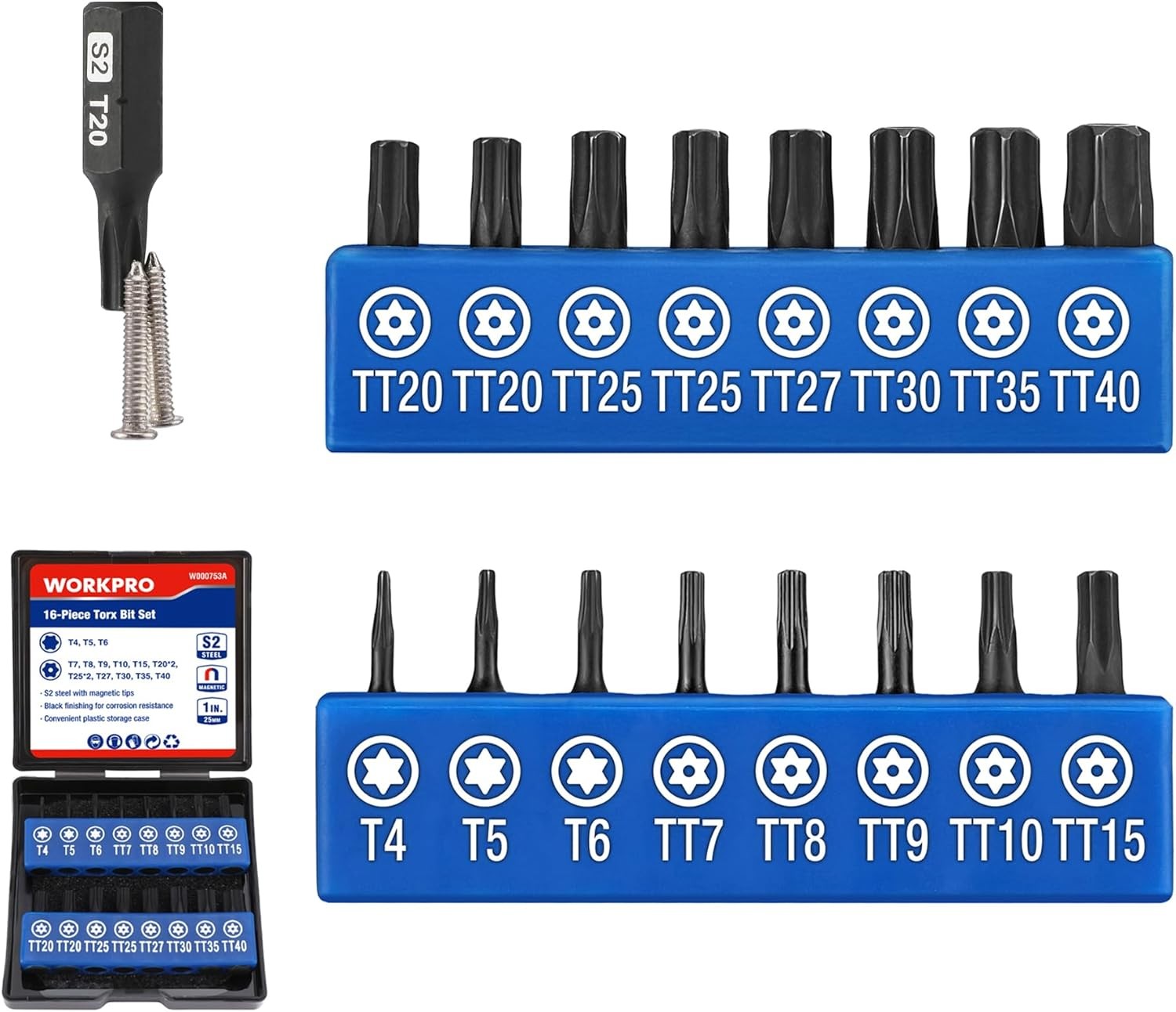 WORKPRO 16pcs Security Torx Bit Set, S2 Steel Star CNC Pocket Size